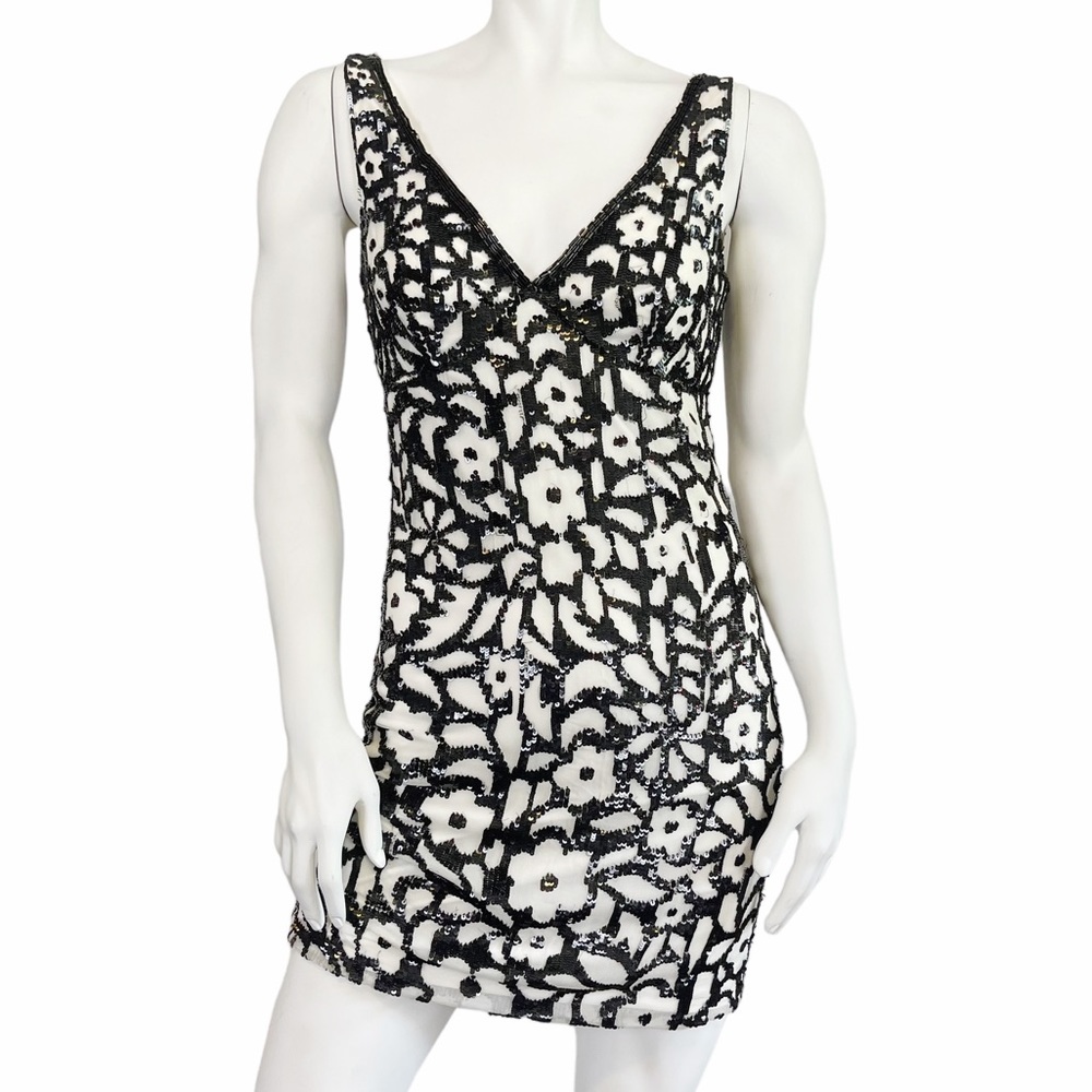 AIDAN MATTOX Black White Silk Floral Sequin Cocktail Tank Mini Dress